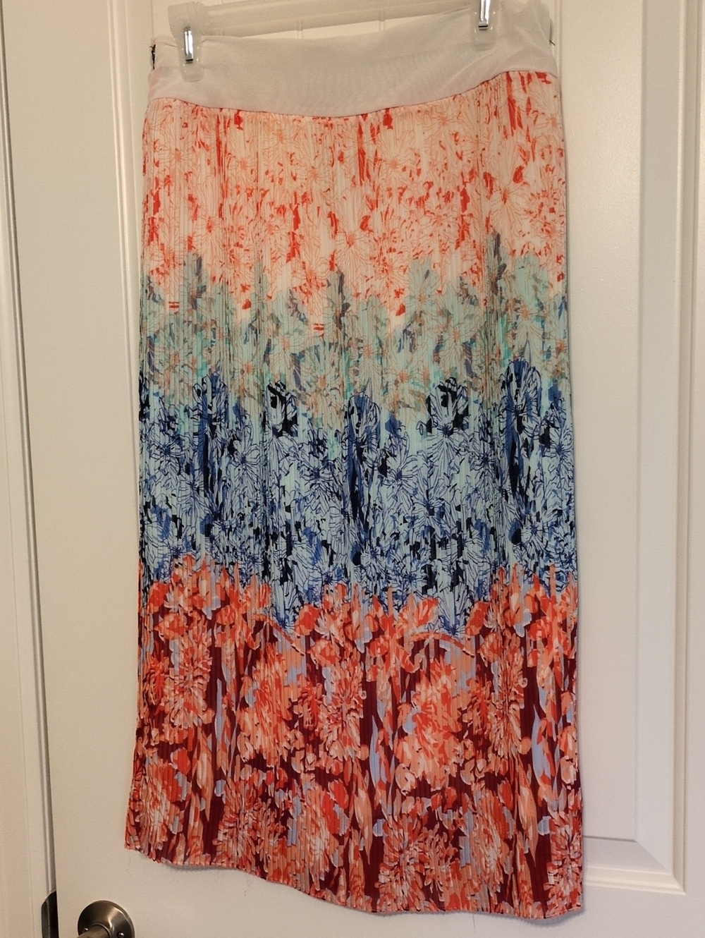 Pleated Floral Ombre Maxi Skirt - Coral, Blue, White
